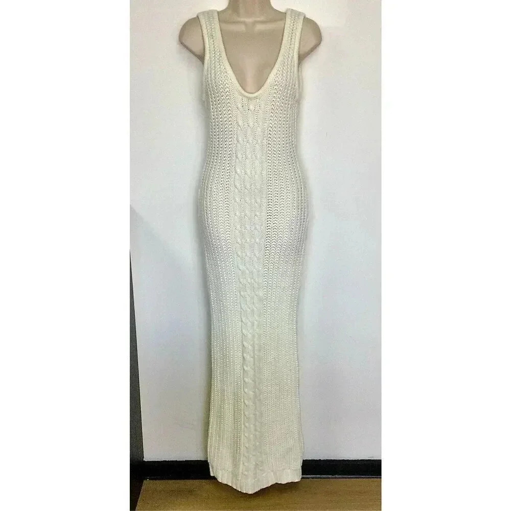 NWT Melrose with Love Womens Ivory Knit Scoop Neck Sleeveless Maxi Dress‎ Large
